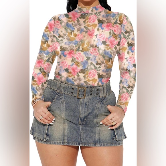 unbranded Tops - Pink Sheer Mesh Watercolor Floral High Neck, Long Sleeve Floral Mesh Top